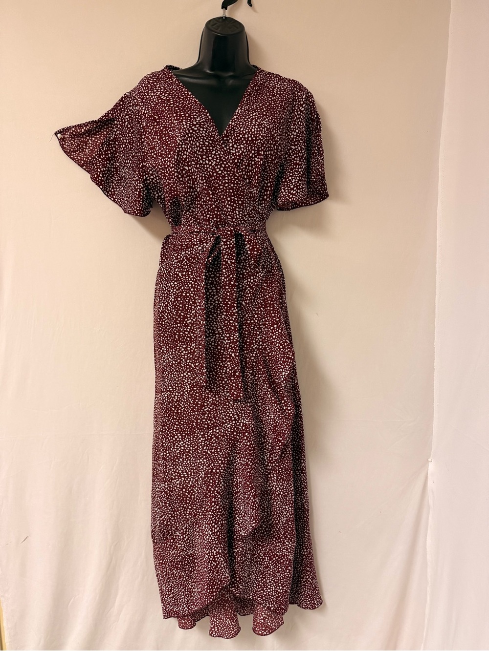 Simple Burgundy Printed Asymmetrical Wrap Maxi Dress